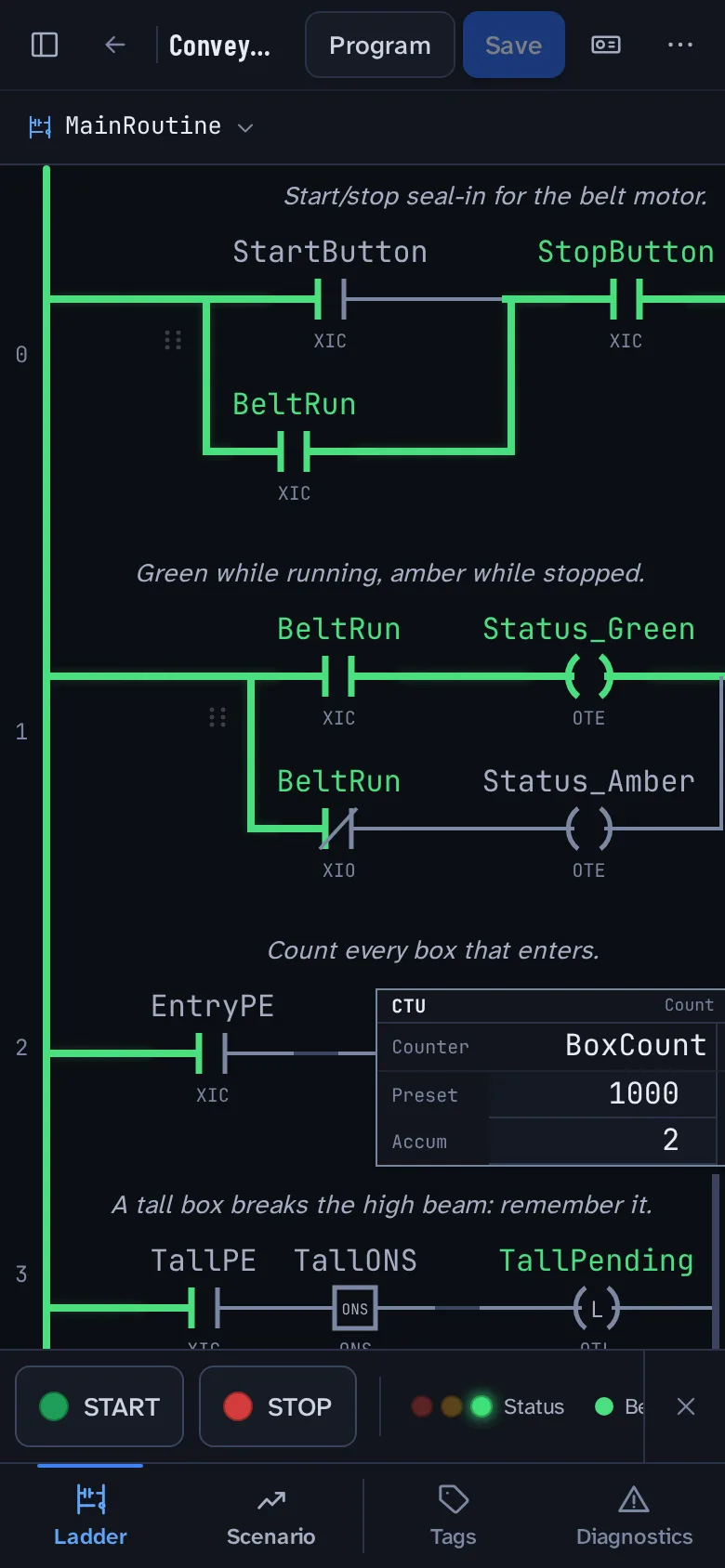 The app on a phone: the conveyor ladder running with the operator strip of Start and Stop buttons and status lamps below it.
